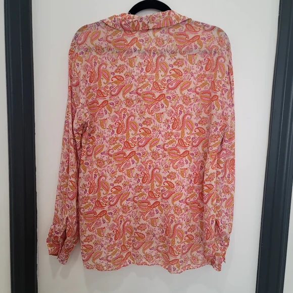 ​Zara Paisley Print Button-Down Blouse Pink & Orange Boho Shirt  M 100% Viscose - Picture 10 of 10